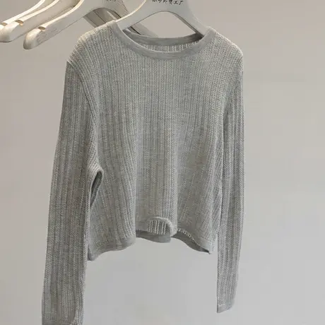 毫不费力穿出时尚感~2023秋款简约纯色休闲百搭镂空短款针织衫女图片