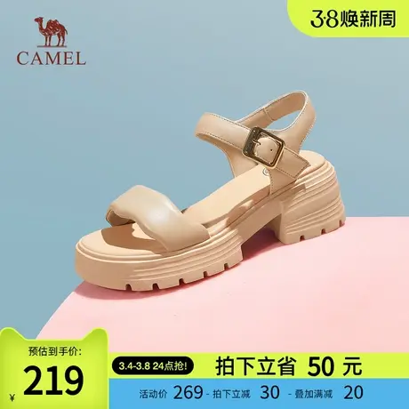 骆驼女鞋2024春夏新款松糕厚底真皮凉鞋女粗跟增高百搭一字带凉鞋图片