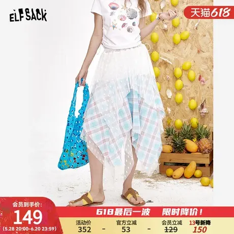 妖精的口袋格纹拼接蕾丝网纱半身裙女2025年夏季新款不规则中长裙图片