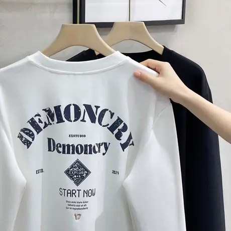 2023秋季新款男士卫衣潮牌宽松贴布印花圆领无帽男装外套打底上衣商品大图