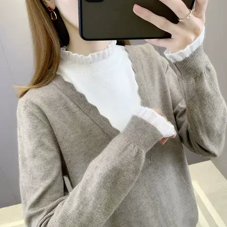 毛衣女宽松外穿2023秋冬新款女装半高领假两件洋气内搭针织打底衫商品大图