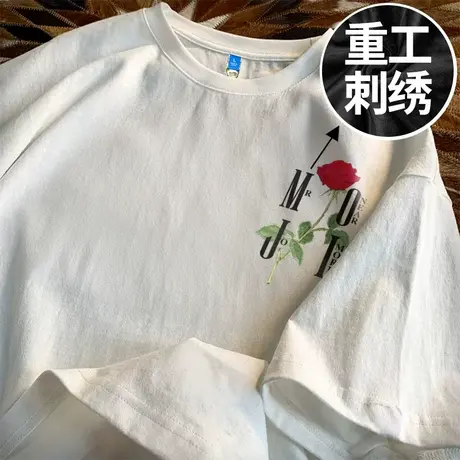 刺绣短袖T恤男美式潮牌纯棉白色打底衫情侣款加肥加大码夏季半袖商品大图