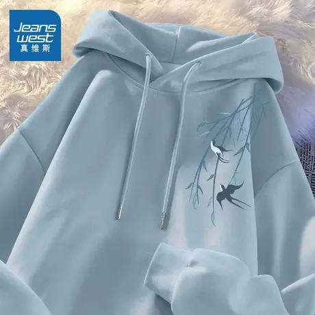 NOB真维斯连帽卫衣女士2025新款爆款雾霾蓝国风复古宽松大码外套商品大图