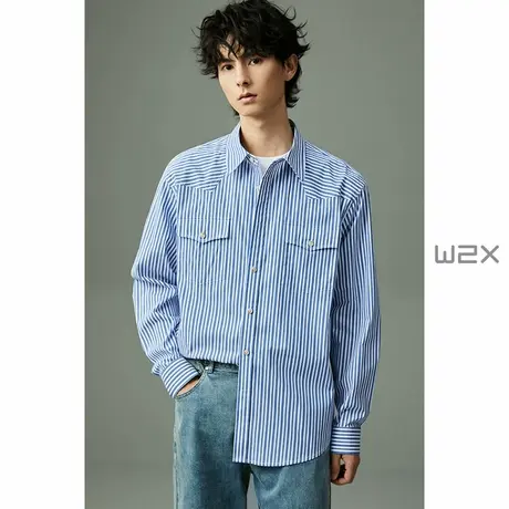 w2x春季条纹拼接时尚设计感长袖衬衫男宽松立领衬衣青年百搭寸衫图片
