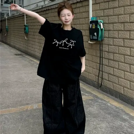 大码胖mm国潮复古情侣装T恤短袖女宽松韩版潮oversize黑色上衣女商品大图
