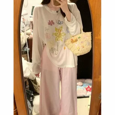 薄款微透防晒罩衫女宽松慵懒风设计感小众凉感透气长袖圆领上衣服商品大图