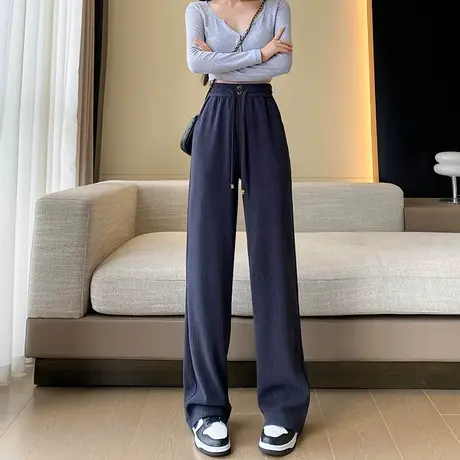 灰色雪尼尔阔腿裤女秋冬款新高腰宽松显瘦窄版松紧腰拖地休闲裤子商品大图