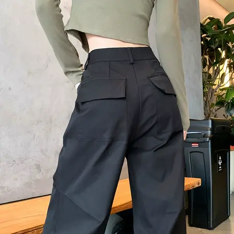 设计感黑色褶皱高腰工装裤女春季新款复古宽松显瘦休闲铆钉阔腿裤商品大图