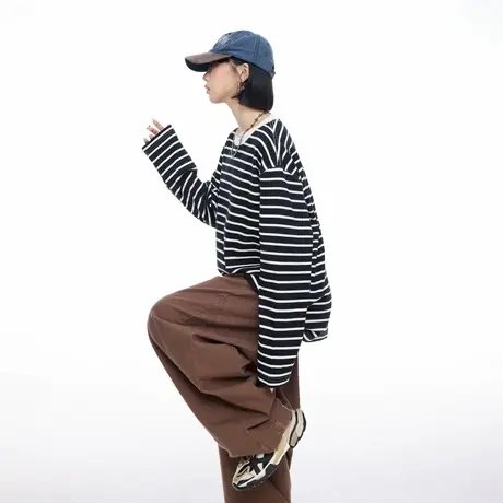 美式复古条纹长袖圆领T恤女秋季新款宽松休闲慵懒风打底衫上衣商品大图