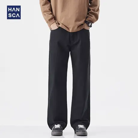 hansca复古纯棉直筒黑色牛仔裤2025新款男潮牌高端水洗宽松阔腿裤商品大图