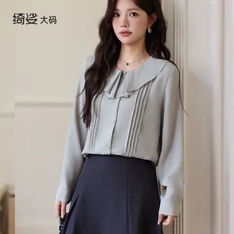 绮娑显瘦大码上衣女春装2025新款直筒显瘦胖MM长袖雪纺小衫衬衣女商品大图