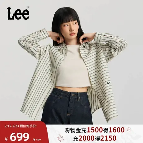 Lee商场同款26春夏新品宽松版翻领小刺绣Logo条纹女长袖衬衫休闲商品大图