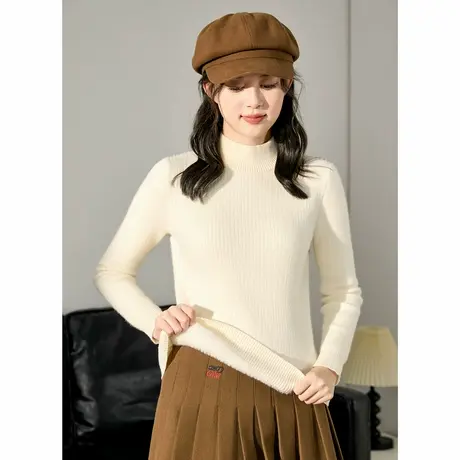 唐狮半高领白色内搭打底衫女新款冬季加绒修身绒感上衣百搭TE图片