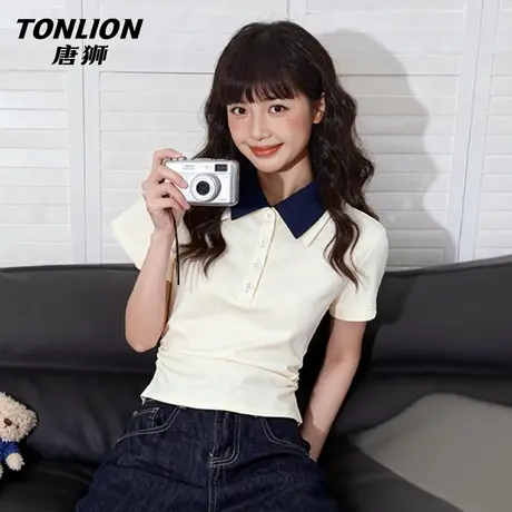 唐狮官方polo领假两件短袖t恤女夏季2026新款女士修身短款上衣VB商品大图