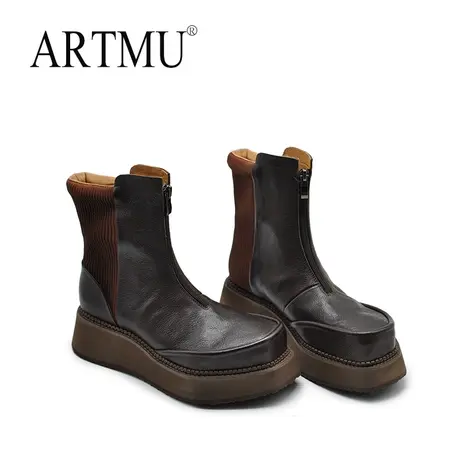Artmu阿木原创复古厚底弹力靴女真皮短靴防水台棕色靴子2023新款商品大图