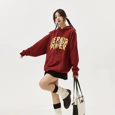 YEP印花连帽加绒卫衣女秋冬2023年新款加厚复古宽松oversize外套图片