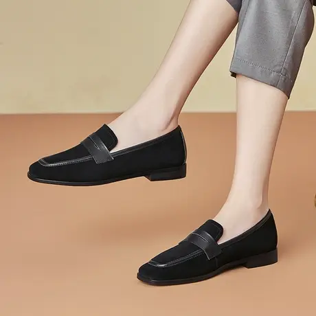 春秋新款英伦拼接方头羊皮平底一脚蹬乐福鞋粗跟百搭小皮鞋单鞋女商品大图