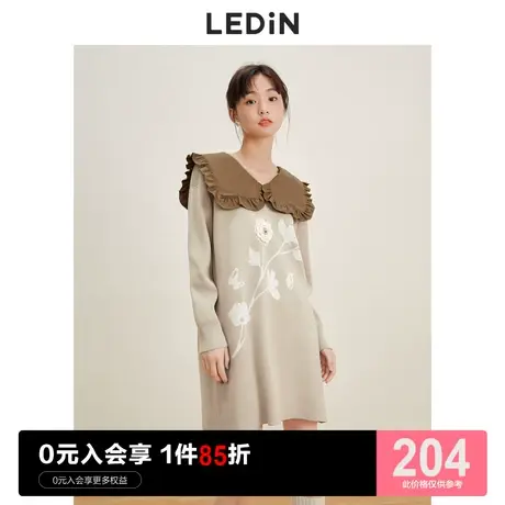 乐町翻领提花毛线裙休闲秋季新款女装温柔气质长袖毛衣针织连衣裙图片