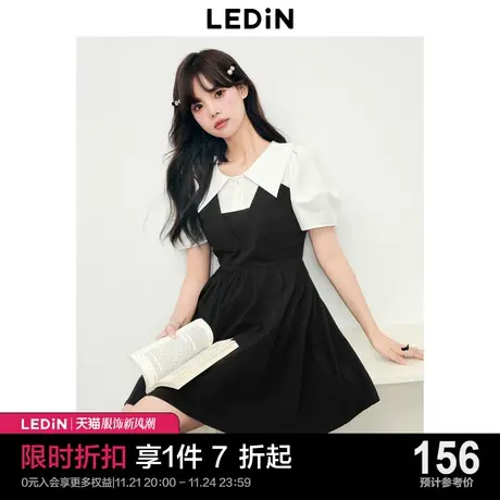 乐町拼色翻领小黑裙2023夏季新款泡泡袖收腰女装裙显瘦通勤连衣裙图片