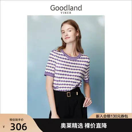 音儿美地女装2023夏季新款圆领撞色波浪条纹饰扣短袖针织衫套头商品大图