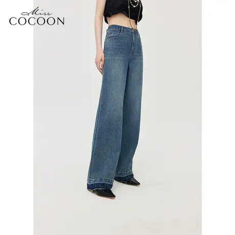 MISSCOCOON撞色毛边牛仔裤女24春季新款直筒休闲长裤图片