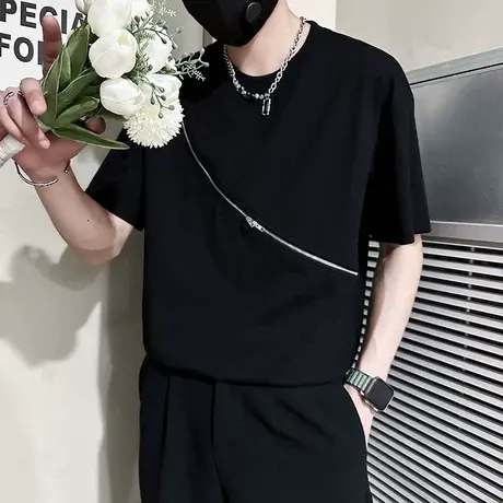 短袖t恤男夏季拼接拉链设计个性痞帅潮男半袖上衣潮男夜店帅T体恤商品大图