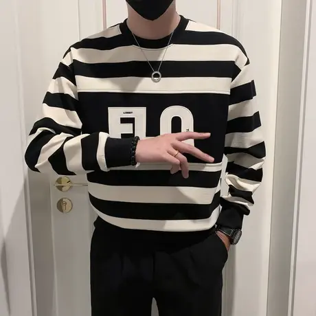 个性条纹拼色卫衣男春秋季韩版休闲内搭长袖T恤重磅潮ins外套上衣商品大图