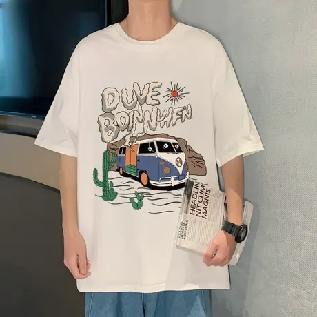 夏季男士短袖t恤潮牌港风上衣服小众ins潮流宽松薄款纯棉半袖体恤商品大图