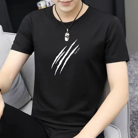 莫代尔短袖t恤男夏季圆领黑色上衣服潮牌潮流ins冰丝冰感印花半袖商品大图