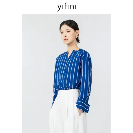 Yifini/易菲蓝色竖条纹V领落肩衬衫女春秋新款套头通勤上衣商品大图