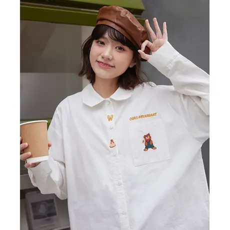 尔给休闲日系白色长袖衬衫女小个子春秋款叠穿复古港味学院风衬衣图片