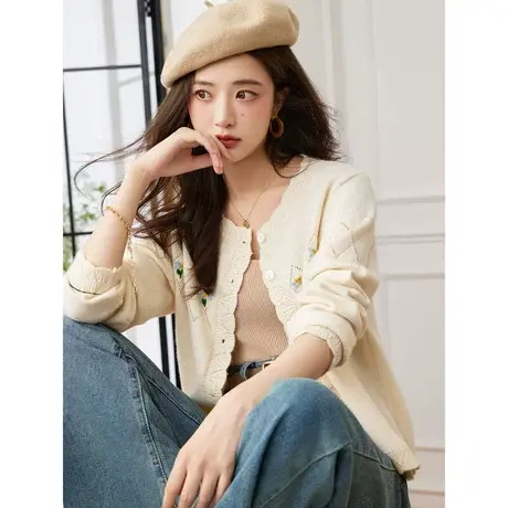 时尚气质通勤绣花毛衣开衫女士2023年秋季新款休闲百搭上班族上衣商品大图