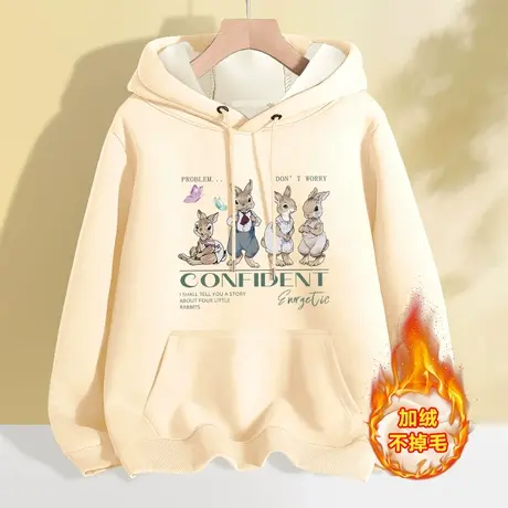 加绒连帽卫衣女秋冬季宽松百搭女装上衣2023年新款带帽设计感外套商品大图