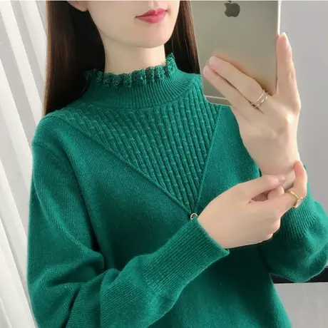 荷叶半高领毛衣女2024年春季新款洋气内搭上衣宽松套头针织打底衫商品大图