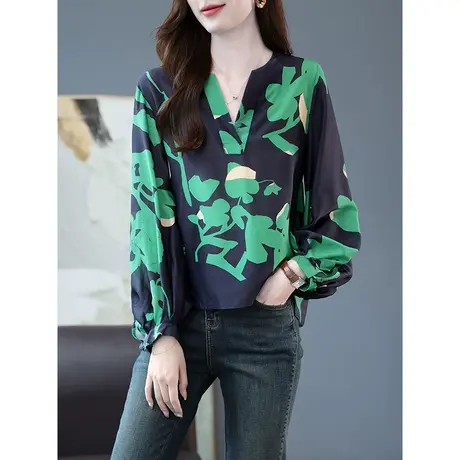 宝诗黎V领印花长袖宽松雪纺衫薄款上衣2024春季新款休闲套头衬衣商品大图