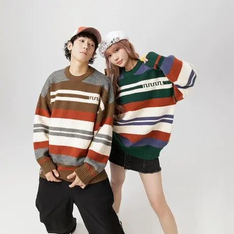 2023年秋冬新款慵懒风条纹毛衣女高级感情侣装上衣复古宽松针织衫图片