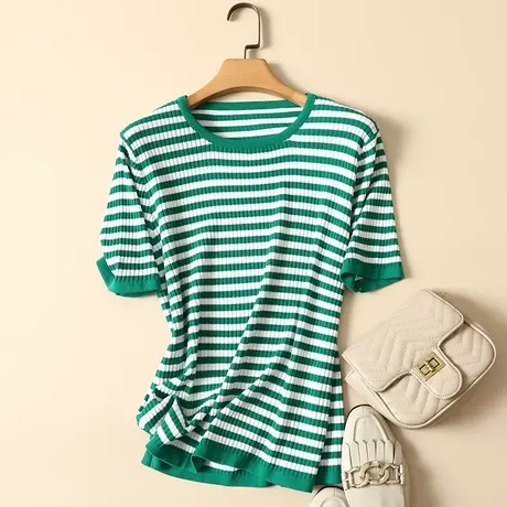 冰丝针织衫短袖t恤女2022年春夏新款圆领宽松显瘦薄款打底衫上衣商品大图