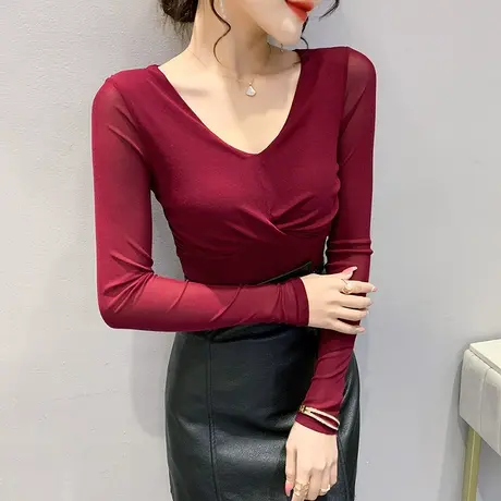 欧货网纱打底衫女装2024新款潮性感V领长袖T恤设计感洋气扭结上衣商品大图