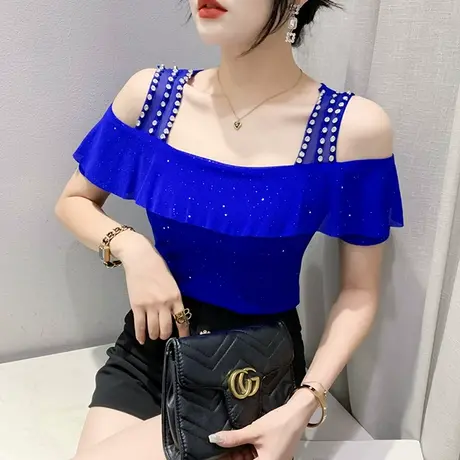 性感一字领T恤女短袖时尚荷叶边小衫欧货露肩网纱上衣修身夏装潮图片
