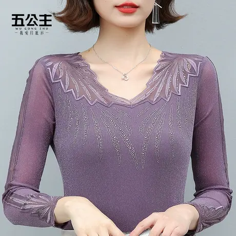 五公主低领蕾丝打底衫新款春秋洋气小衫时尚显瘦女网纱内搭上衣薄商品大图