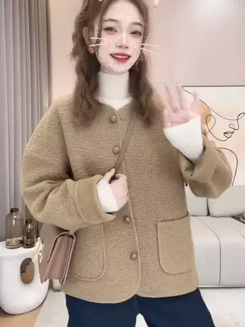 韩版甜美元气减龄拼接纯色圆领长袖外套女2023秋冬季新款百搭上衣图片