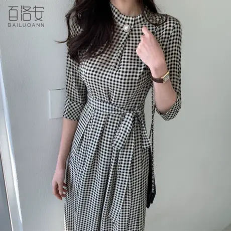 百洛安格子五分袖连衣裙女夏季高腰显瘦系带中长款知性a字大摆裙图片