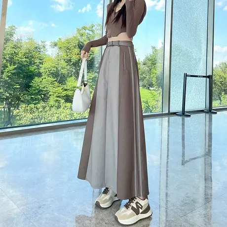 撞色休闲高腰半身裙女2023春秋新款设计感小众大摆宽松a字伞裙子图片