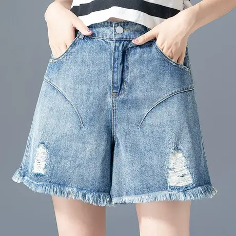 高腰破洞牛仔短裤女夏季薄款毛边a字阔腿中裤四分热裤五分裤女夏商品大图
