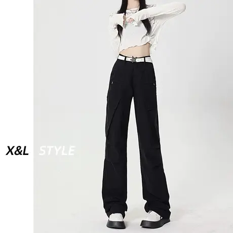 美式高街工装牛仔裤女秋季2023新款显瘦高腰宽松直筒阔腿休闲裤子图片