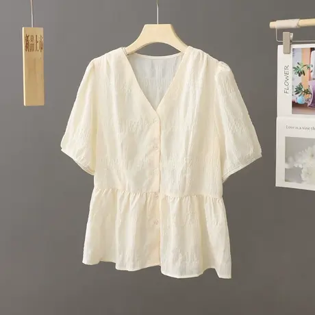 2024夏季新款洋气褶皱V领短袖上衣女减龄遮肚显瘦衬衫百搭小衫潮图片