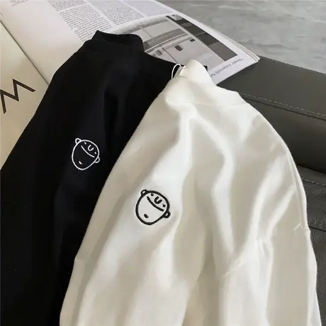 ins超火长袖t恤女2021秋冬新款韩版潮刺绣笑脸宽松内搭打底衫上衣图片