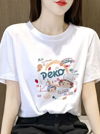 白色仿棉正肩短袖t恤女装2023新款夏季小众设计感童趣风显瘦上衣商品大图