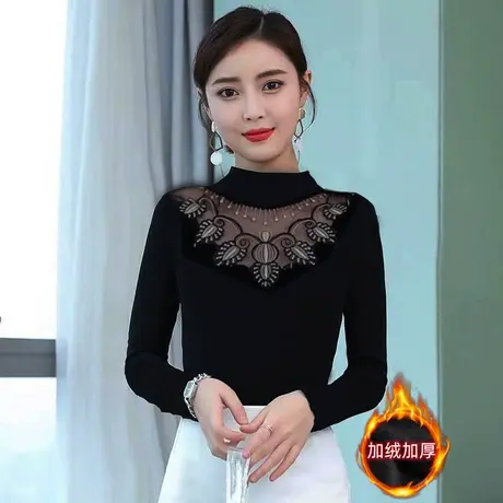 半高领蕾丝打底衫春秋新款妈妈时尚上衣内搭女装洋气加绒加厚商品大图