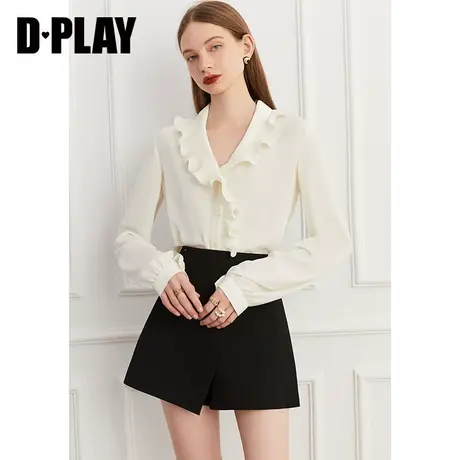 DPLAY装新通勤OL奶油杏压褶木耳边上衣气质V领雪纺衬衫图片